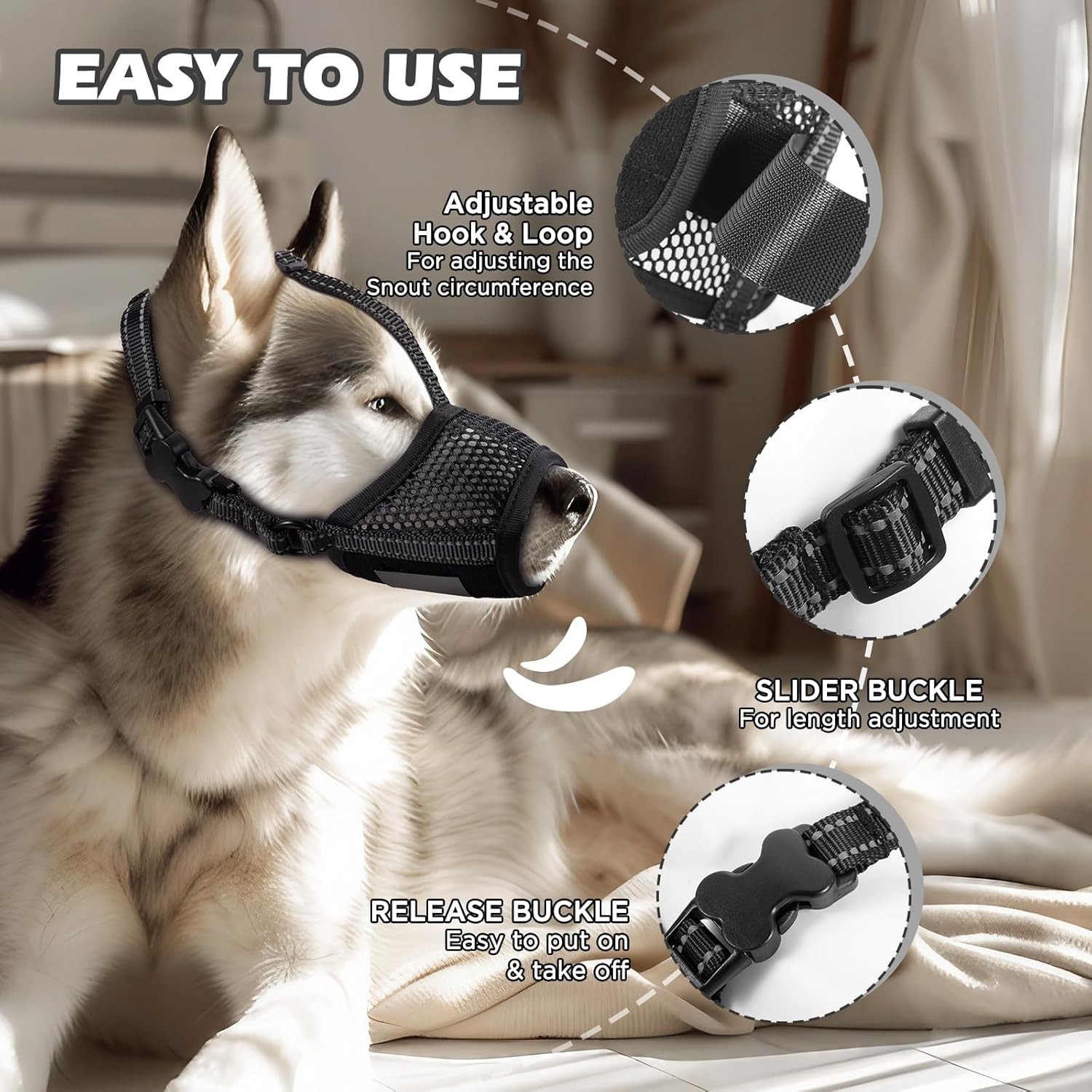 Pet Dog Breathable Nylon Muzzle Adjustable Anti-lick /Biting, Black XL