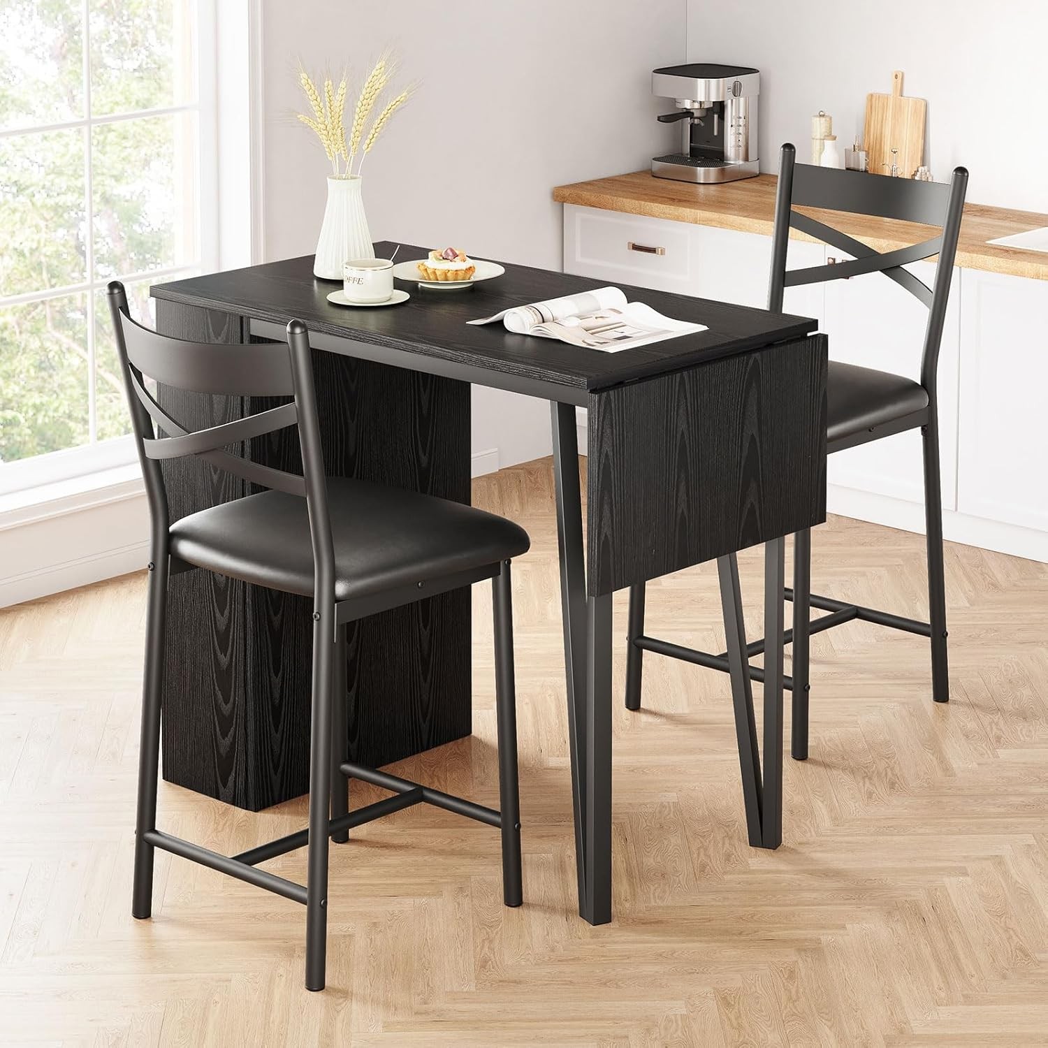 Dining Set Wood Top Table and 2 Upholstered Height Chairs Bar Stools for Kitchen