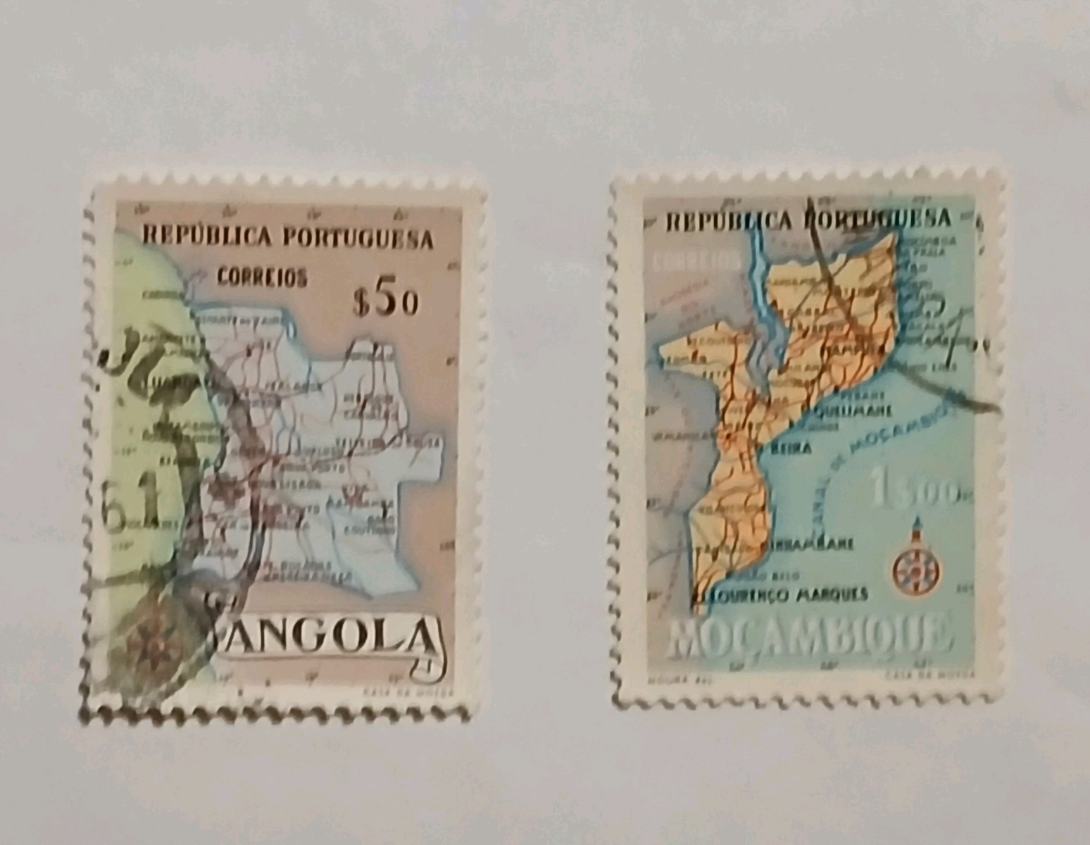 Angola & Mozambique República Portuguesa Map Stamps Used Off Paper $50 1$00