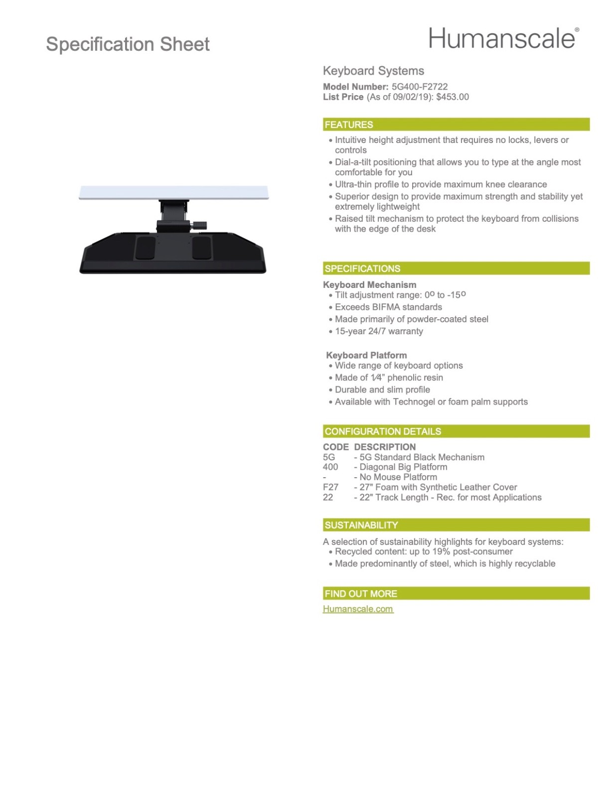 HUMANSCALE Keyboard Tray with Mouse Platform Black Originally $450