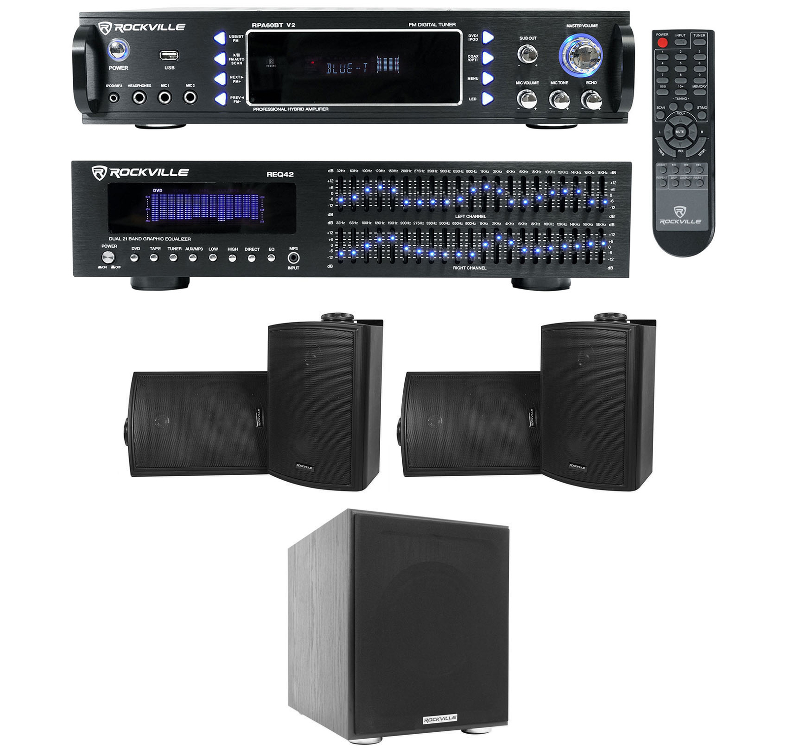 Rockville Home Theater Bluetooth Receiver+EQ+ (4) Speakers + 8" Subwoofer Sub