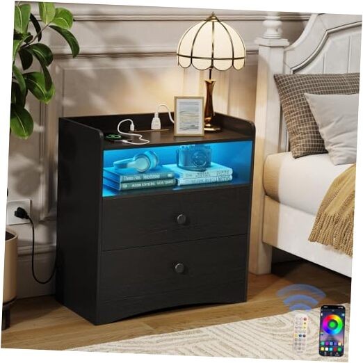 Nightstand with Charging Station and LED Light,Modern Nightstand 1 Pack Black