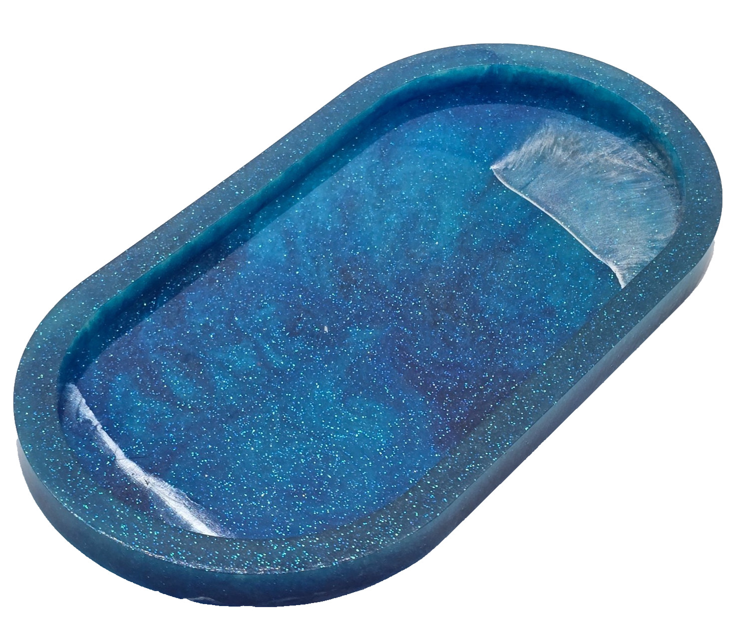 Handmade Resin Trinket Dish Celestial Blue Galaxy Cosmic Silver Nebula Crest