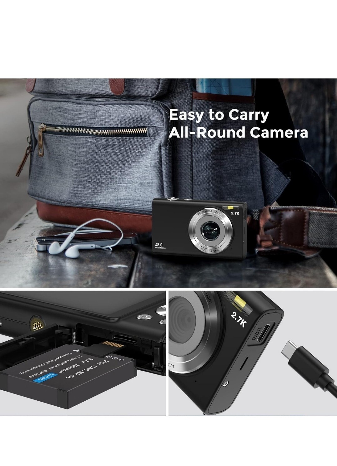 Digital Camera, Autofocus Compact Camera HD 2.7K 48MP with 2.8" Large Screen