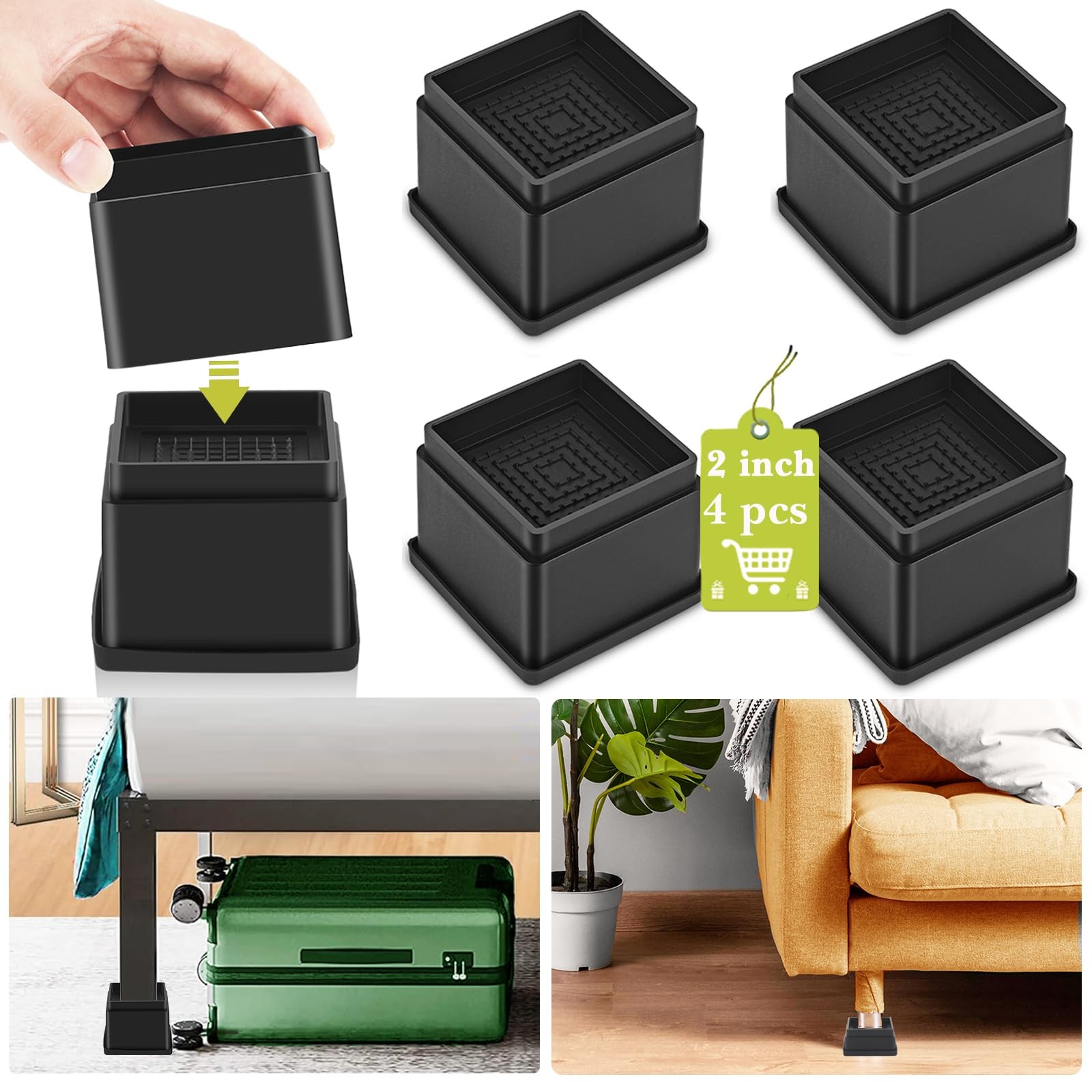 4 Pack Furniture Risers 2 Inch, Adjustable Bed Risers Heavy Duty for Table De...