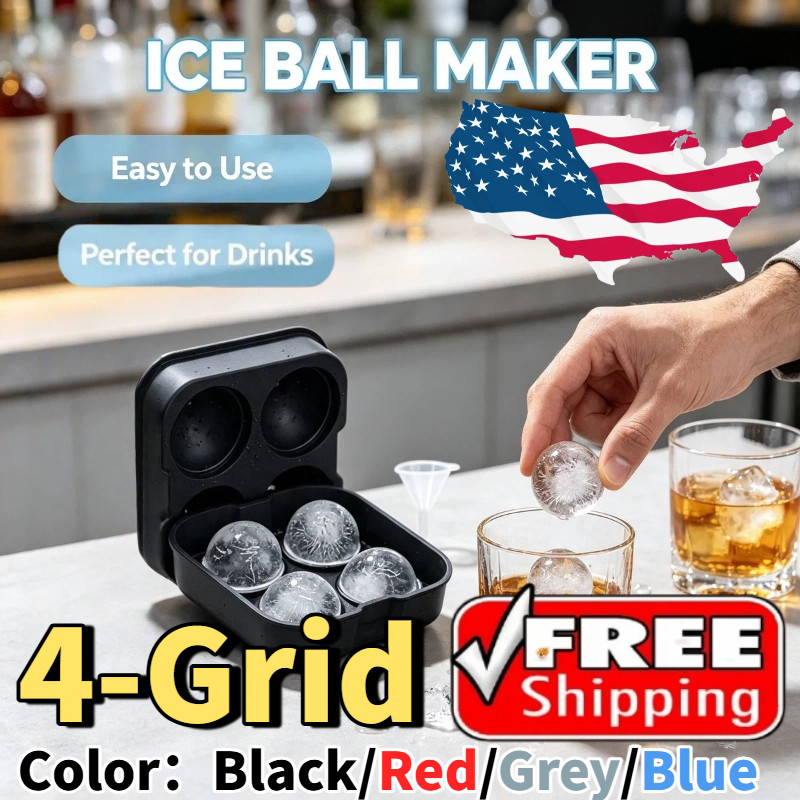 ICE Balls Maker Round Sphere Tray Mold Cube Whiskey Cocktails Silicone 4-grid US