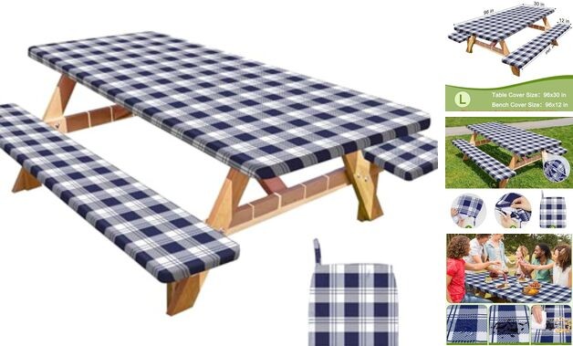 Picnic Table Cover with Bench Covers Portable Table Cloth Built-in 96x30in Blue