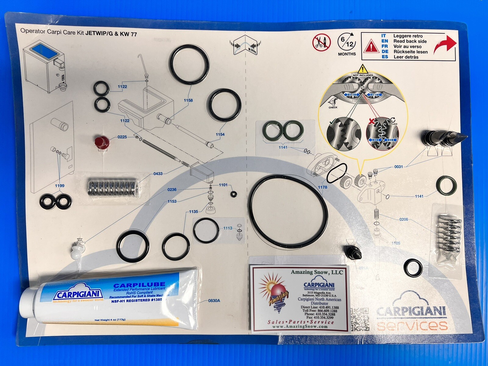 Carpigiani Whipped Cream Machine Tune UP Kit Model KW 77 & JETWIP/G
