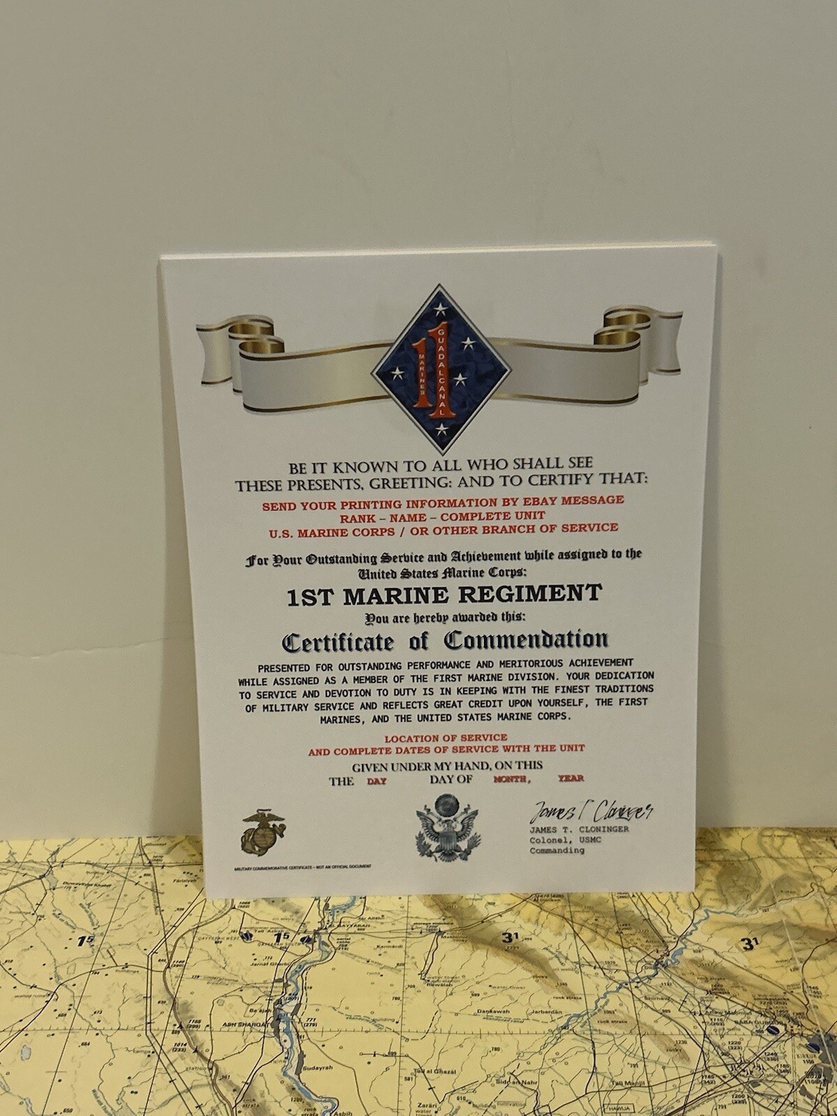 U.S. MARINE CORPS / 1ST MARINE REGIMENT (1 MARDIV) - CERTIFICATE OF COMMENDATION
