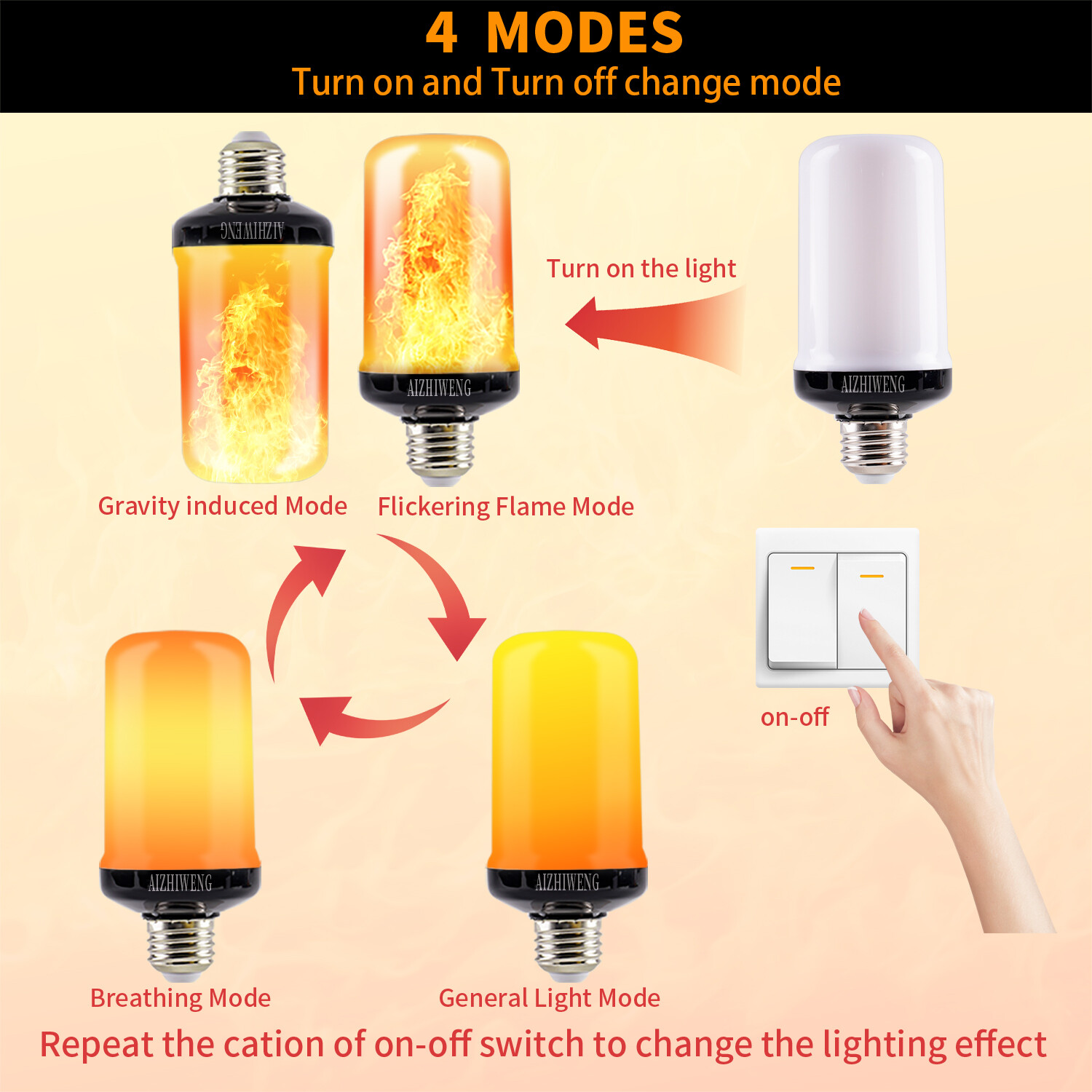 Led Flame Light Bulb, 2 Pack E26 Flickering Light Bulbs with 4 Modes Flickering