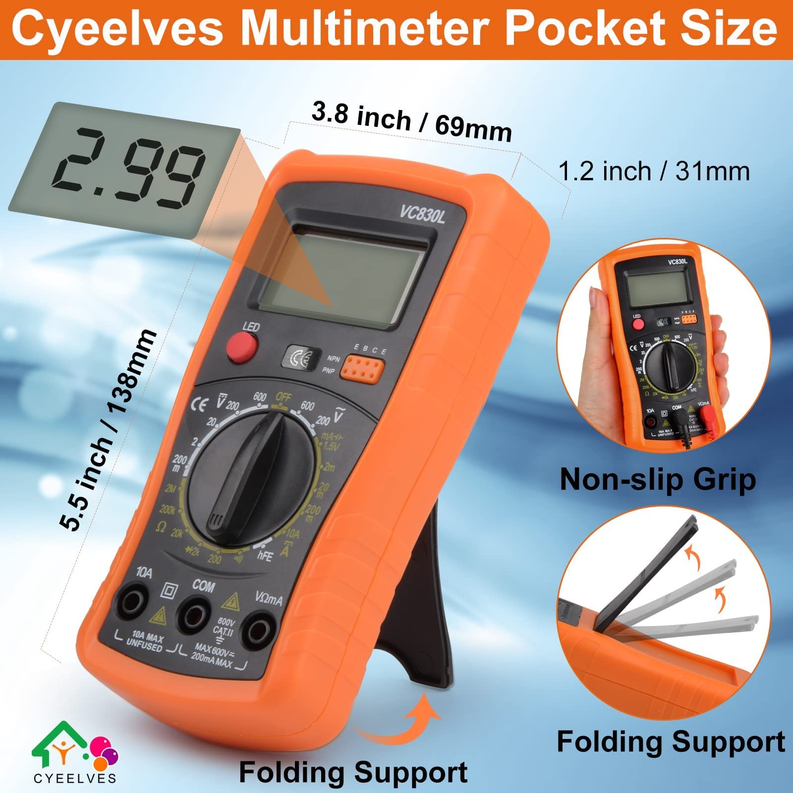 Cyeelves Digital Multimeter, Multimeter AC DC Voltmeter & Ohm Volt Amp Tester