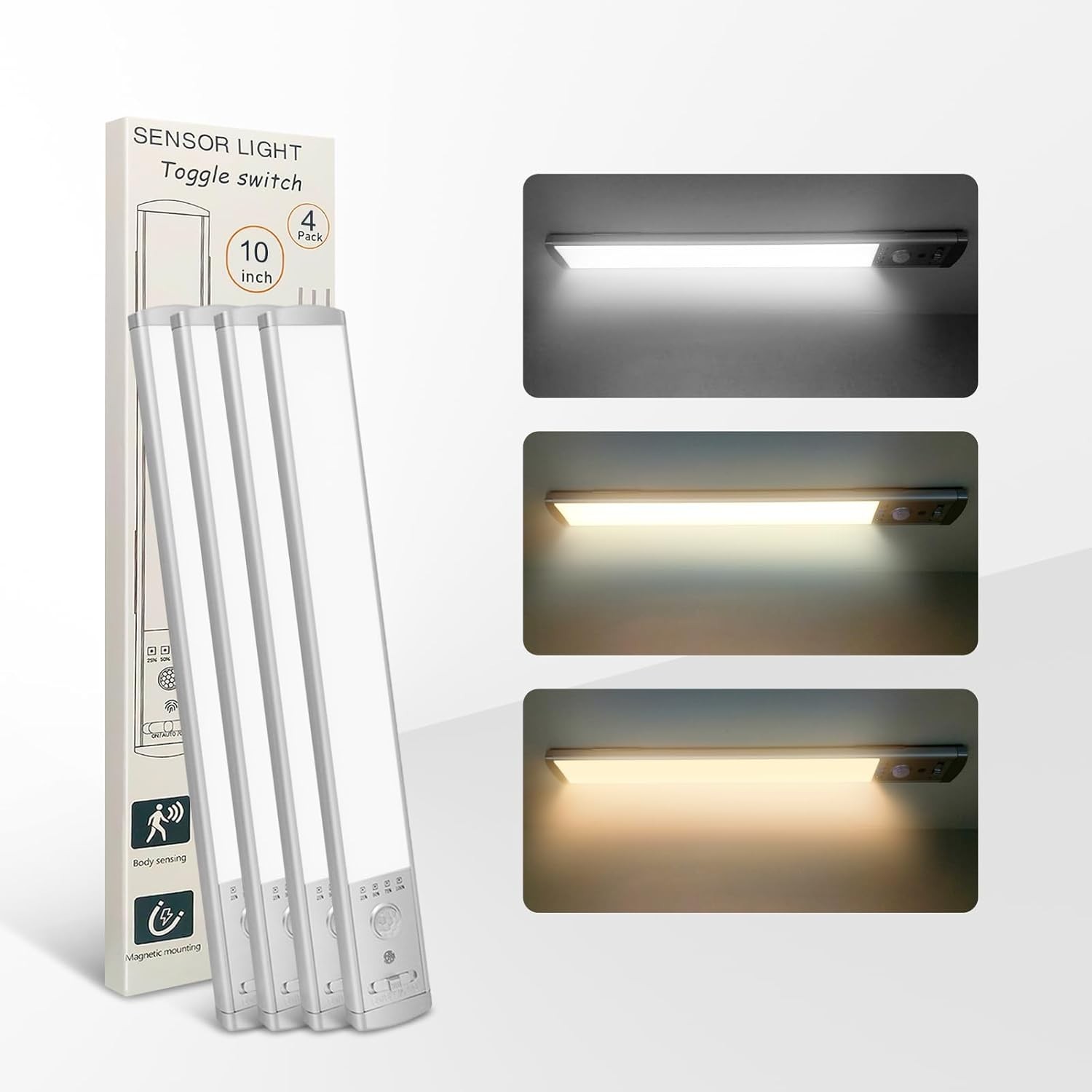 4-Pack LED Under Cabinet Lights Rechargeable Motion Sensor 3 Color Dimmable