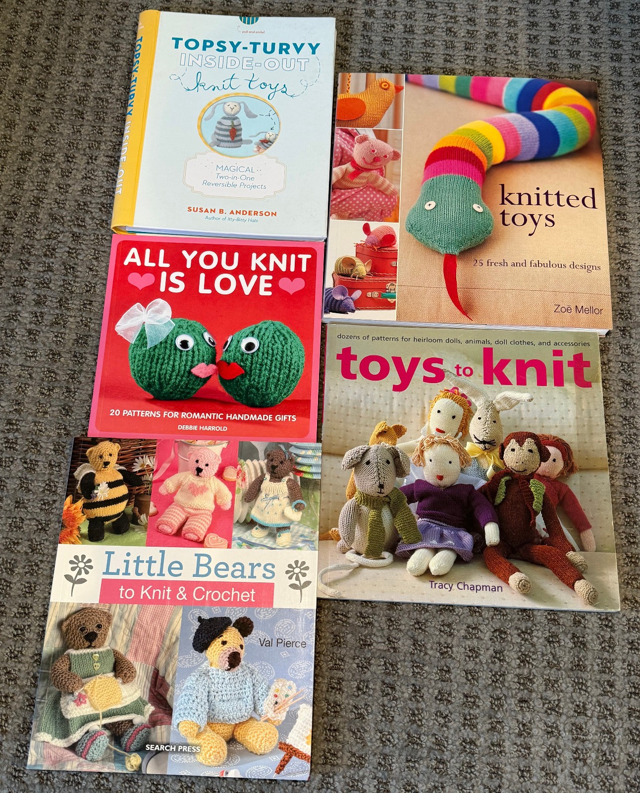 Big Lot of 5 Knitting Pattern Books of Toys, Gifts, Animals, Bears, Inside Out