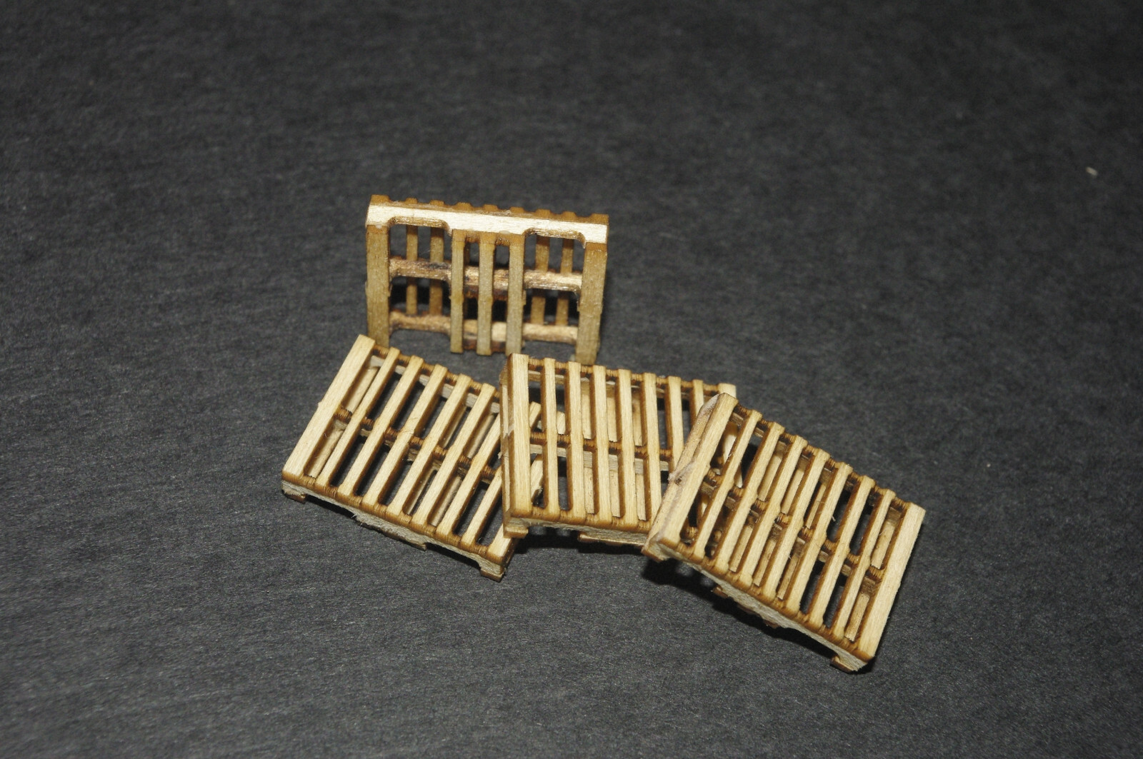S scale laser cut pallet kit, makes 16 wood pallets once built.