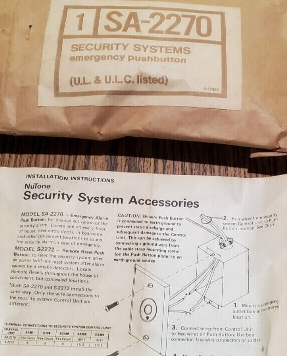 Nutone SA-2270 Security System Emergency Push Button New