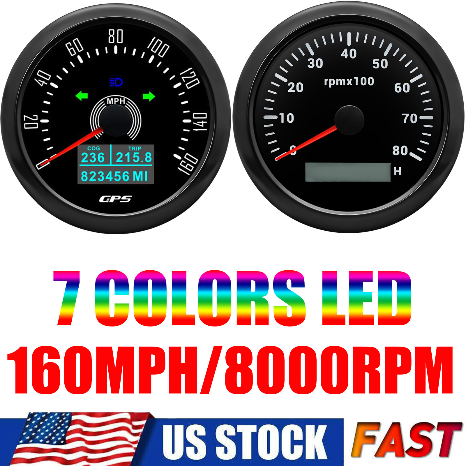 85mm GPS Speedometer 160MPH Tachometer 8000RPM Gauge Set for Boat Car Truck US
