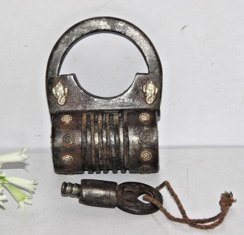 Antique Iron Silver Fitted God Ganesha Engraved Solid Lock With 1Key Handcrafted