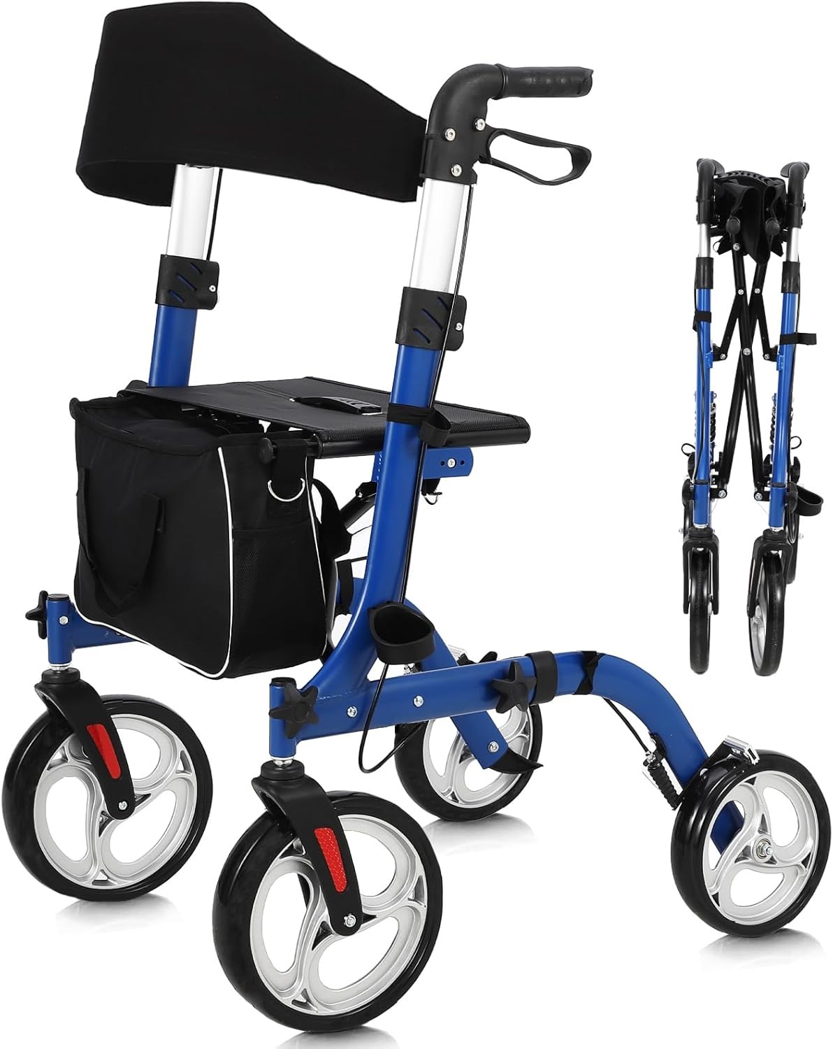 2-in-1 All Terrain Rollator Walker w/ Seat Backrest 30cm Wheels Dual Brake Fold