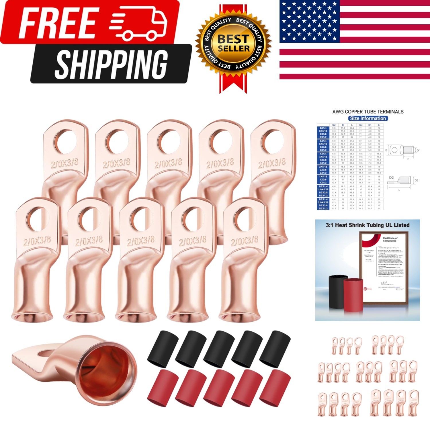 10PCS 2/0 AWG-3/8 Heavy Duty Battery Lugs with 3:1 Heat Shrink Tubing, Ring T...