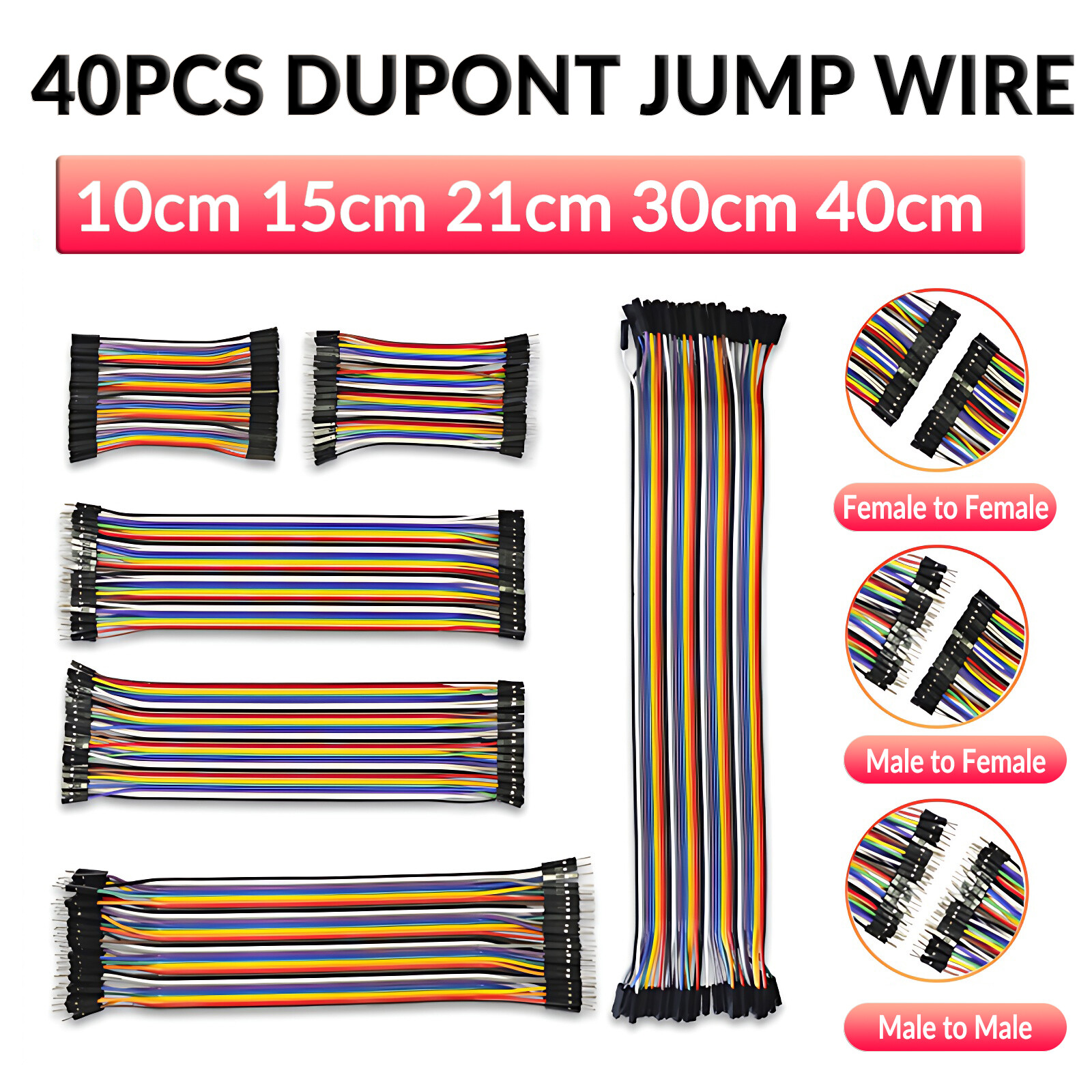 40PCS DUPONT JUMP WIRE M-F M-M F-F JUMPER BREADBOARD CABLE LEAD RIBBON 10CM-40CM