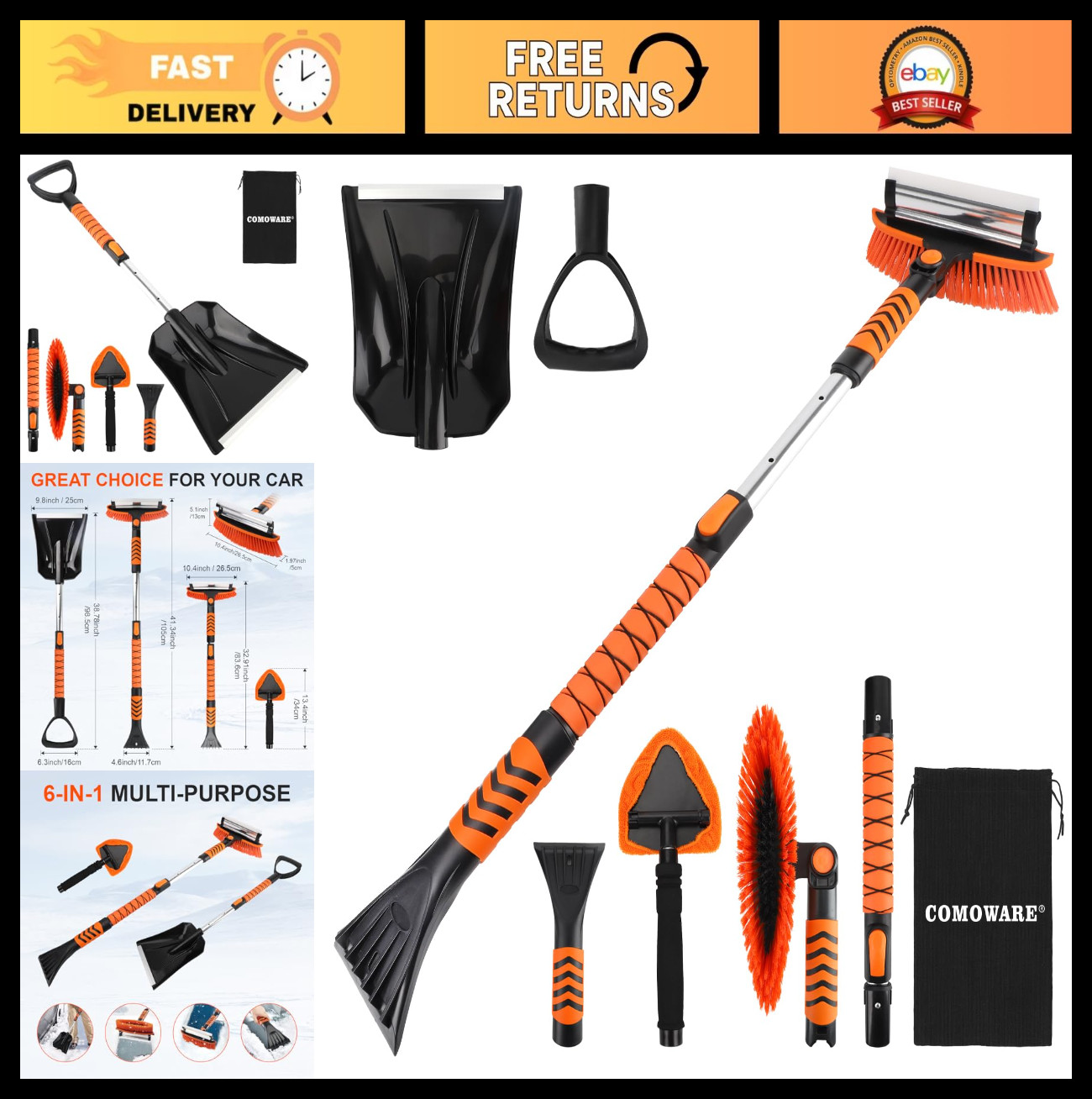 Extendable Snow Brush & Ice Scraper Combo Kit - 6-in-1 Snow Removal Tool for Car