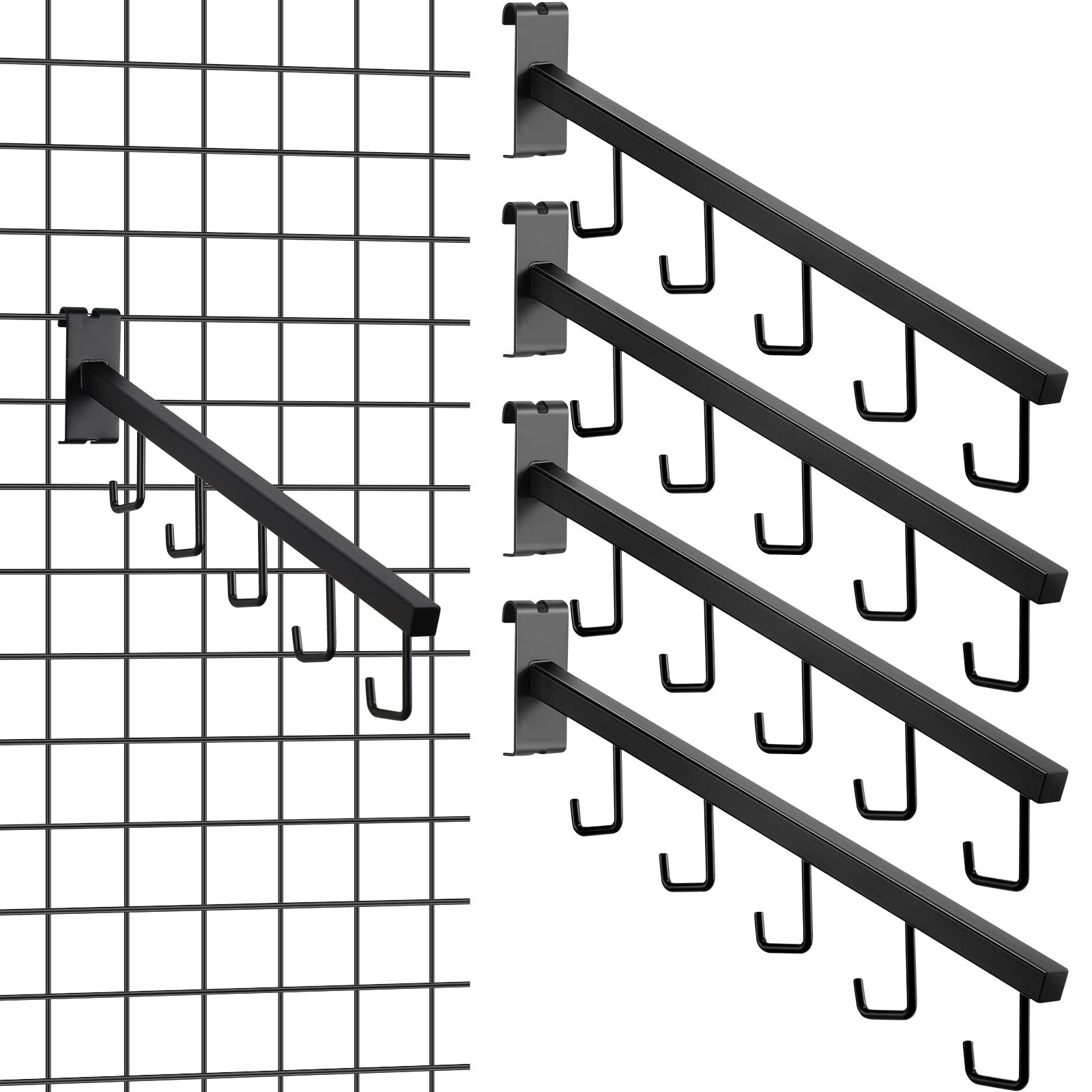 4 PCS Gridwall Waterfall Hangers 5 Hooks Metal 16.5 Inch Square Tubing Black