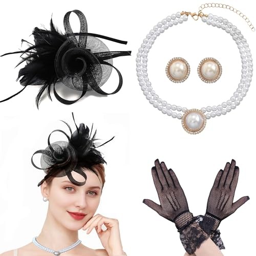 TUBIAN Fascinators Hats for Women Tea Party Hat with Feather for Black 4pcs