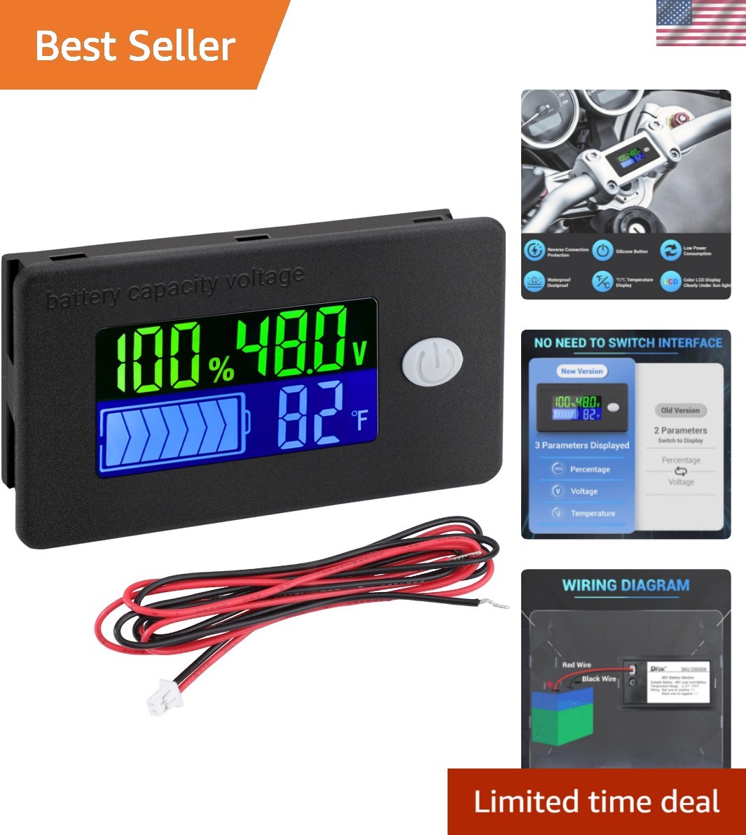 48v Golf Cart Battery Meter - LCD Display Lithium Battery Monitor 10-100v Vol...