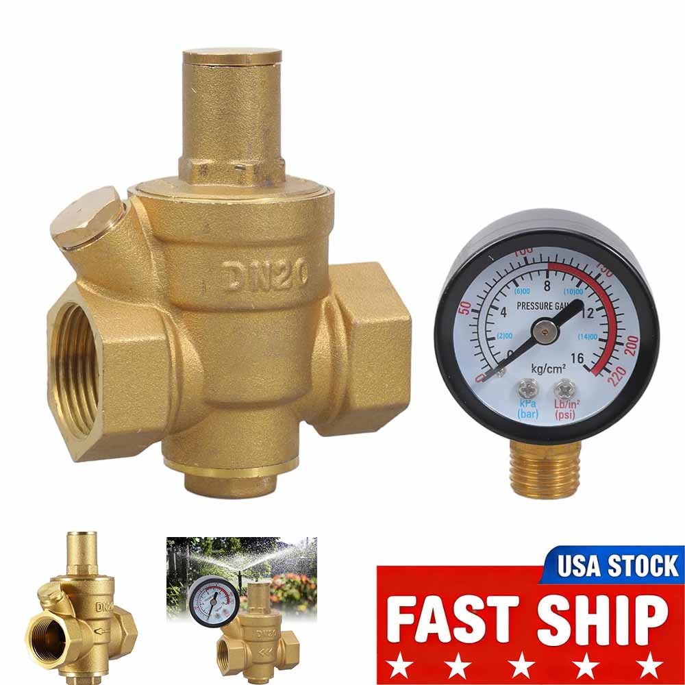 DN20 Brass Water Pressure Regulator NPT 3/4" Adjustable Reducer with Gauge