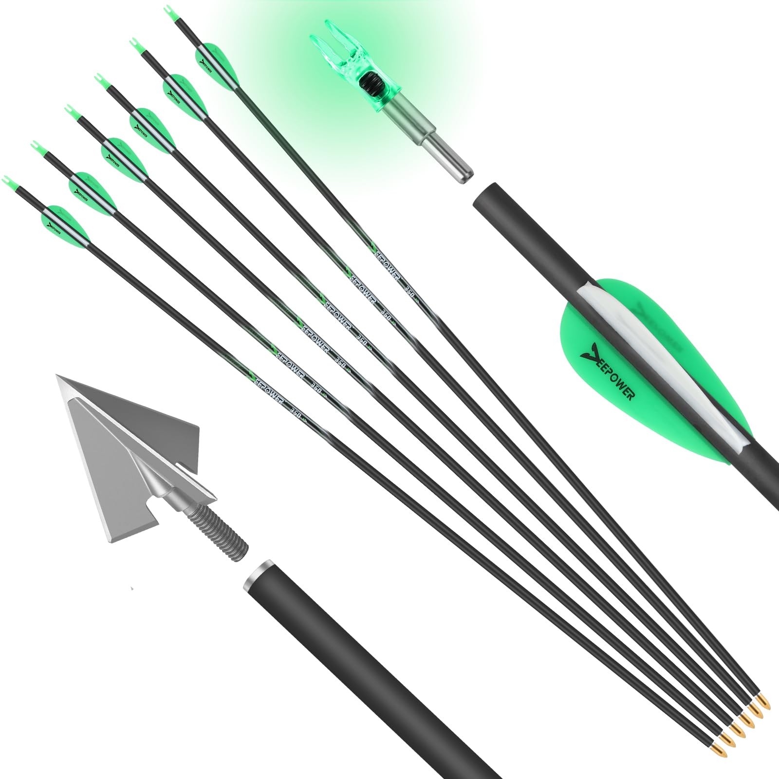 DEEPOWER 31 inch 100% Carbon Arrows with Fixed Blade Broadhead and black
