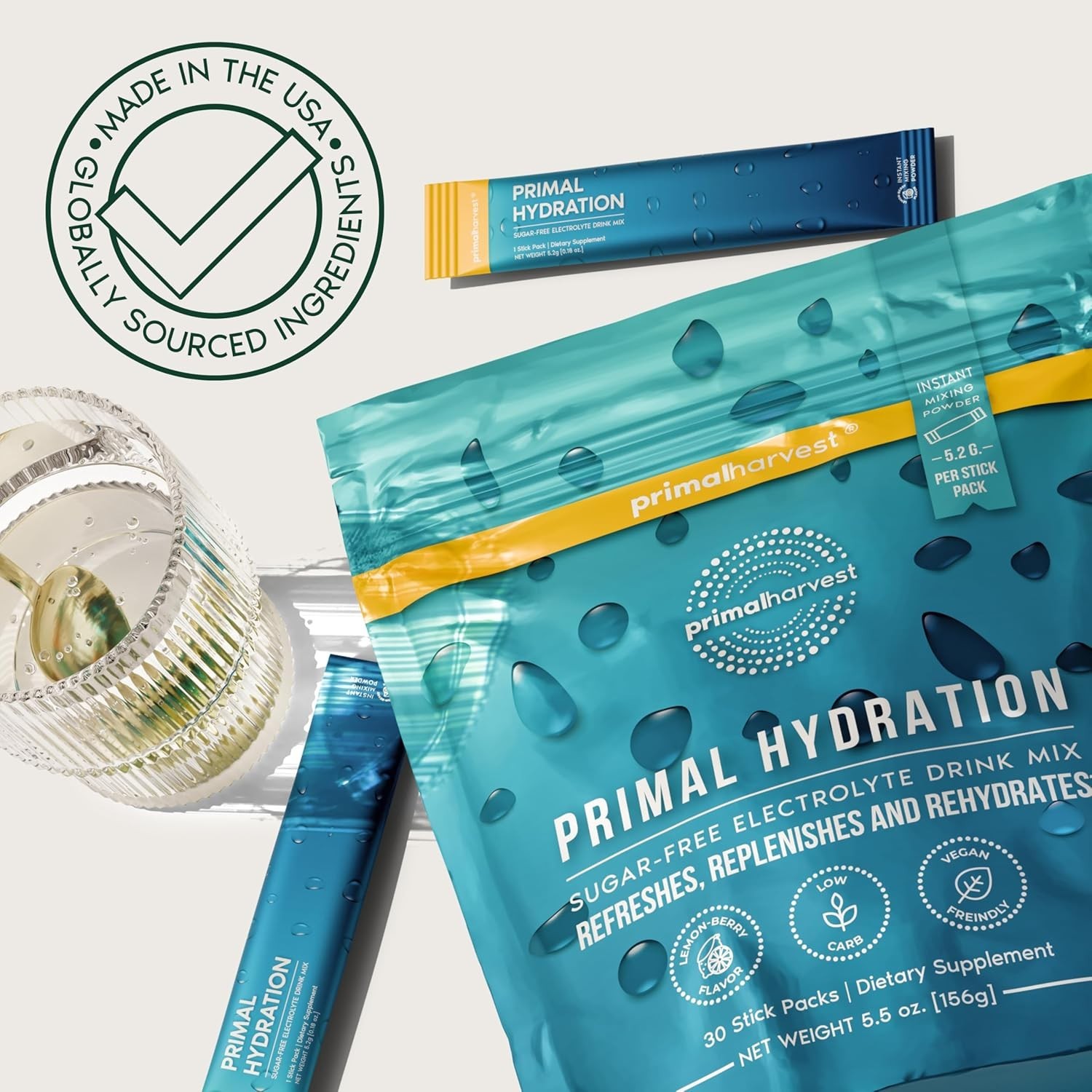 Primal Harvest Electrolyte Drink – Zero Sugar, Magnesium Boost, Lemon Berry, 30