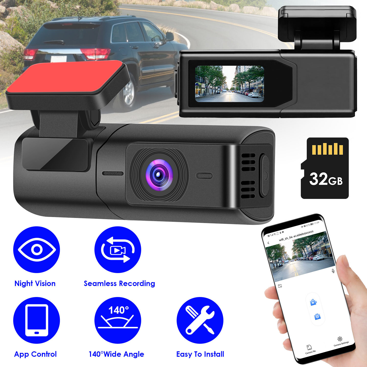 Dash Cam Front WiFi Dashcam w/ 32G SD Card and Seamless Loop Recording