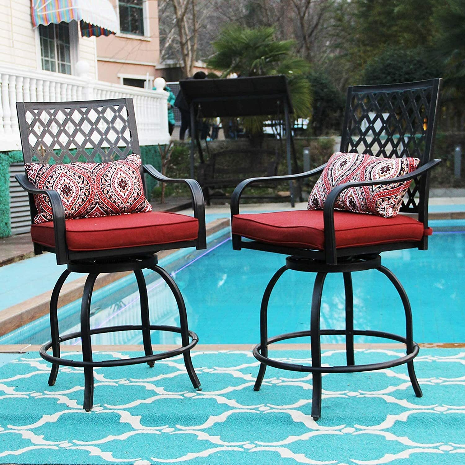 Outdoor Patio Swivel Chairs Set of 2 Bar Height Stools Bistro Set with Cushion