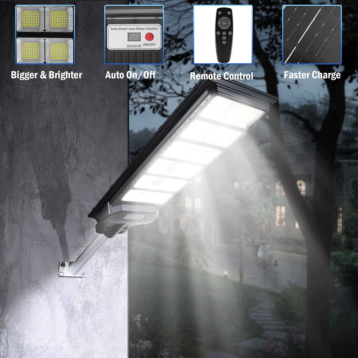 6500W Commercial Solar Street Light Dusk-to-Dawn 1200 LED Super Bright Lamp+Pole