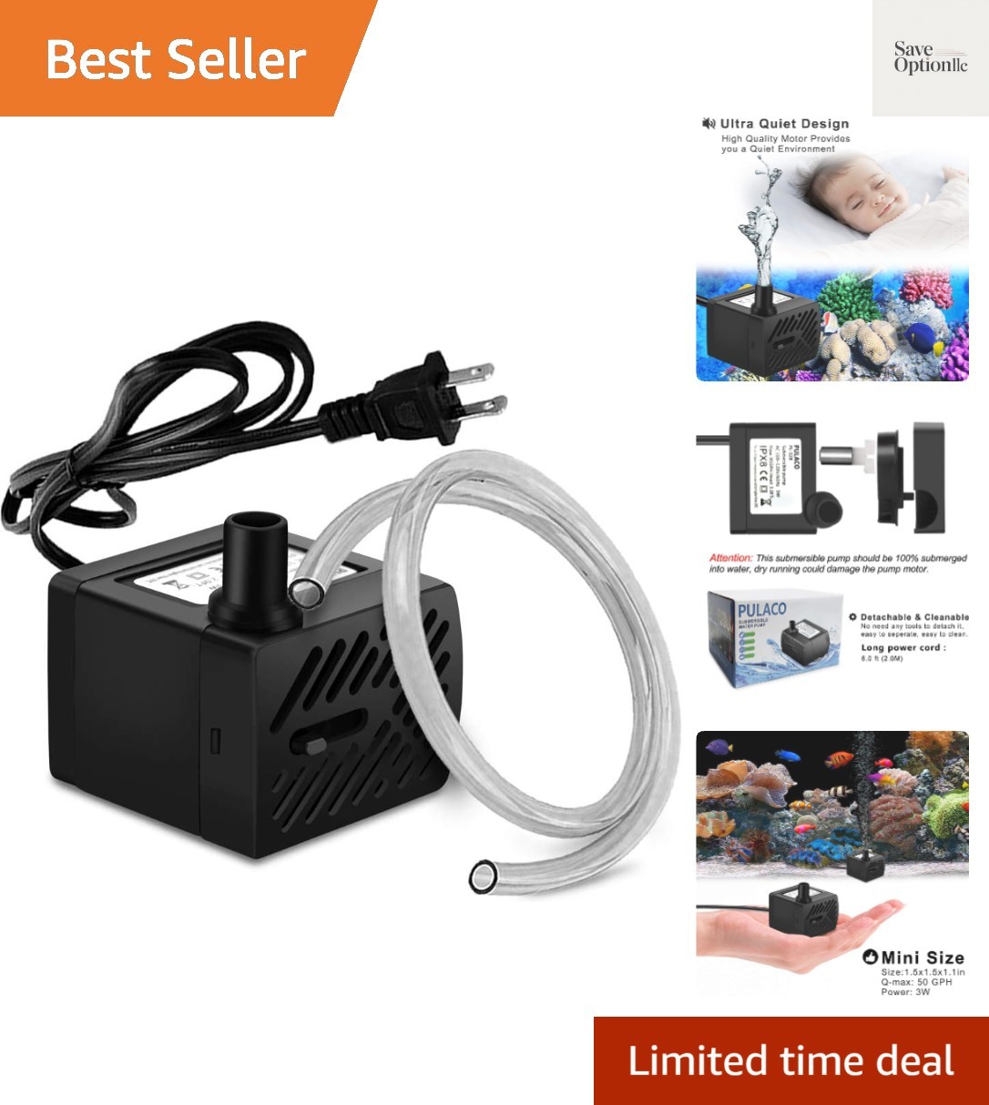50GPH 3W Mini Submersible Water Pump for Aquariums, Fish Tank, Pond, Fountain...