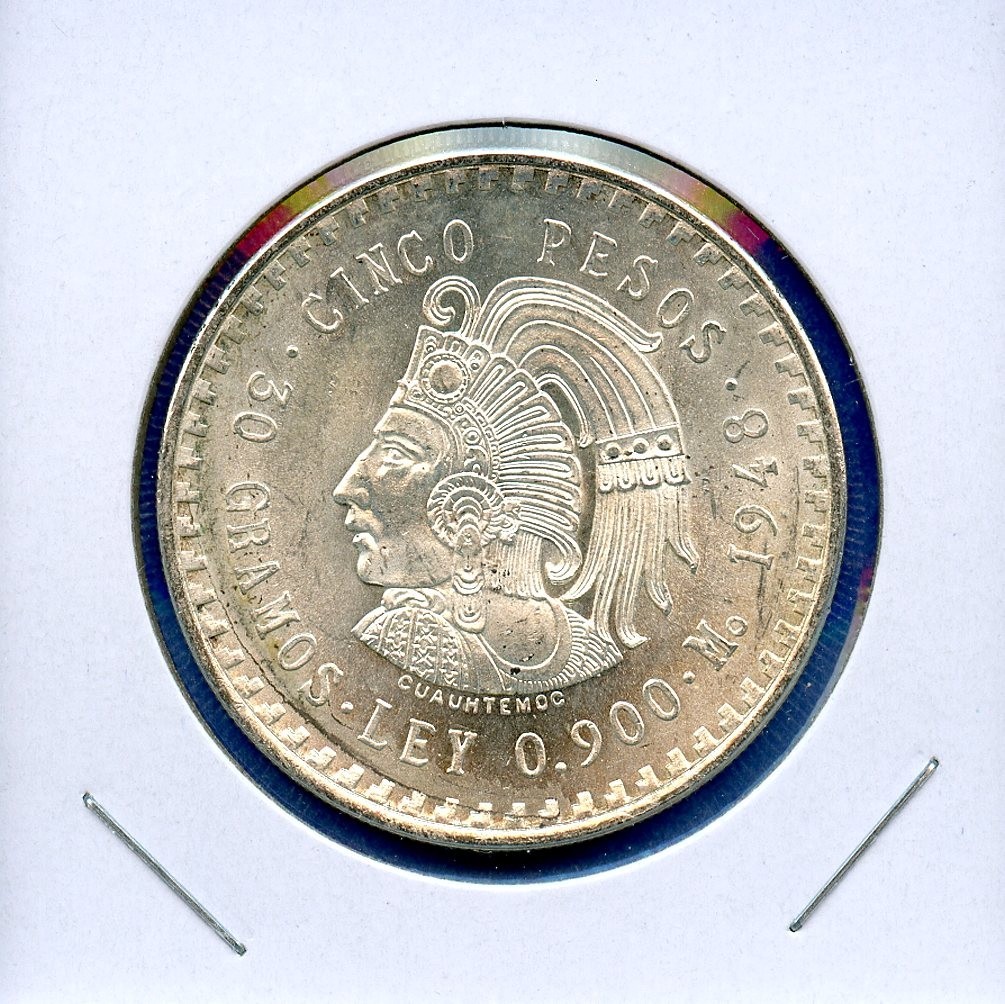 1948 Mexico 5 Peso Cuauhtémoc Silver Coin BU Brilliant Uncirculated #83