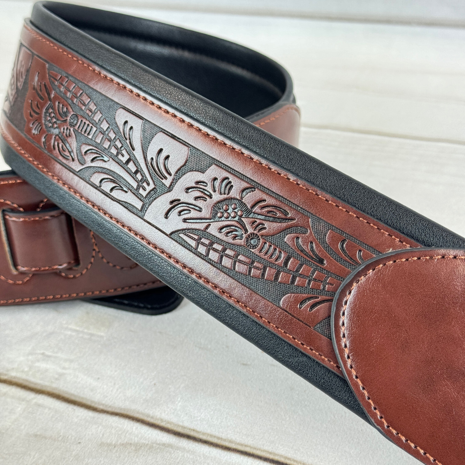Walker And Williams G-110 Mahogany Brown Padded Strap with Embossed Tooling 