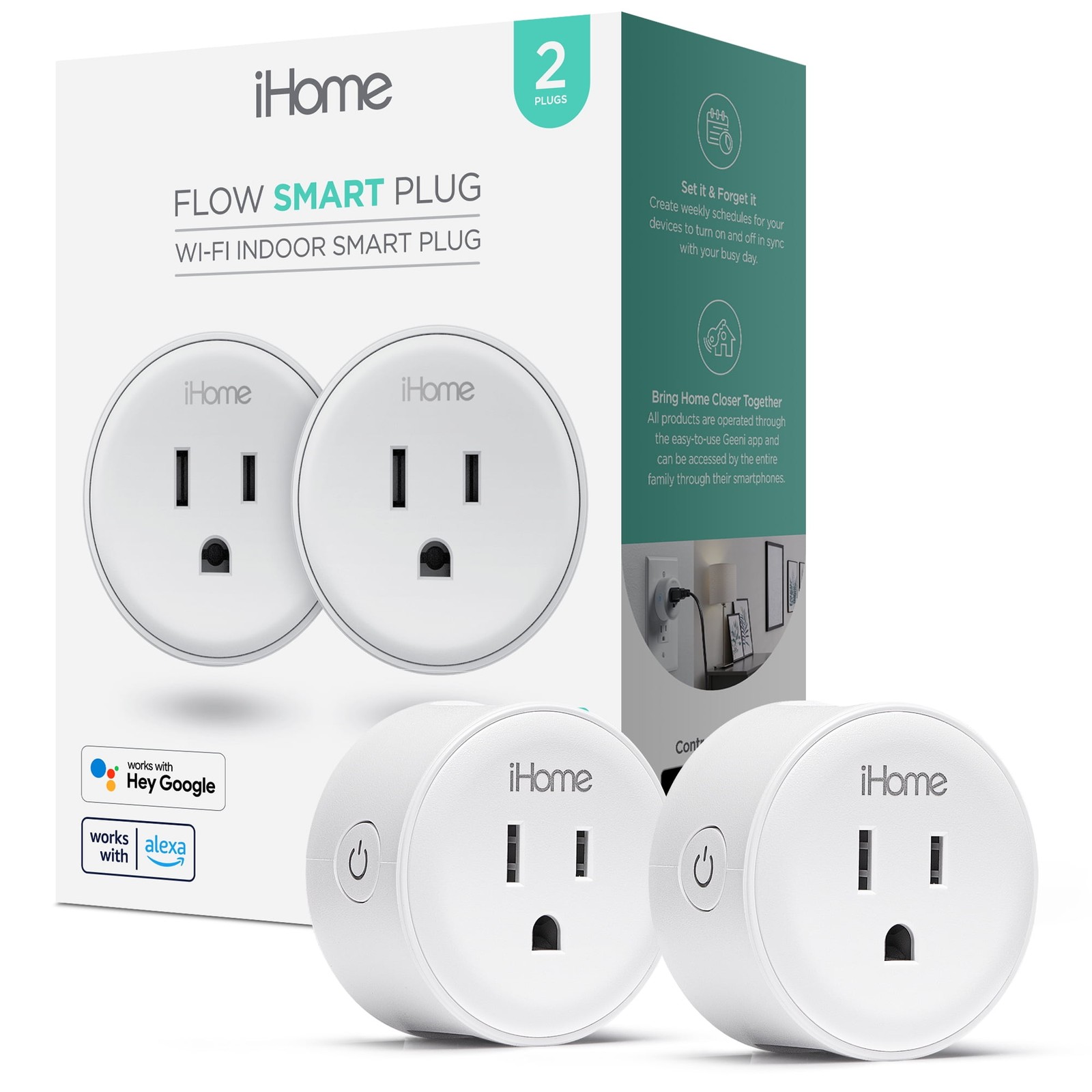 iHome Smart Plug,15A Wi-Fi Outlet, Works with Alexa & Google Home,2 pack – White