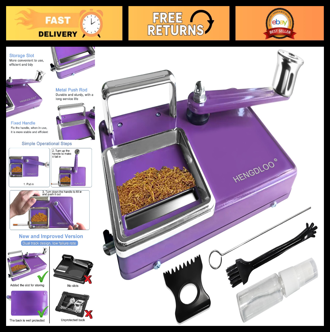 Manual Dual-Track Cigarette Rolling Machine for 8mm Tubes - Easy Use, Purple