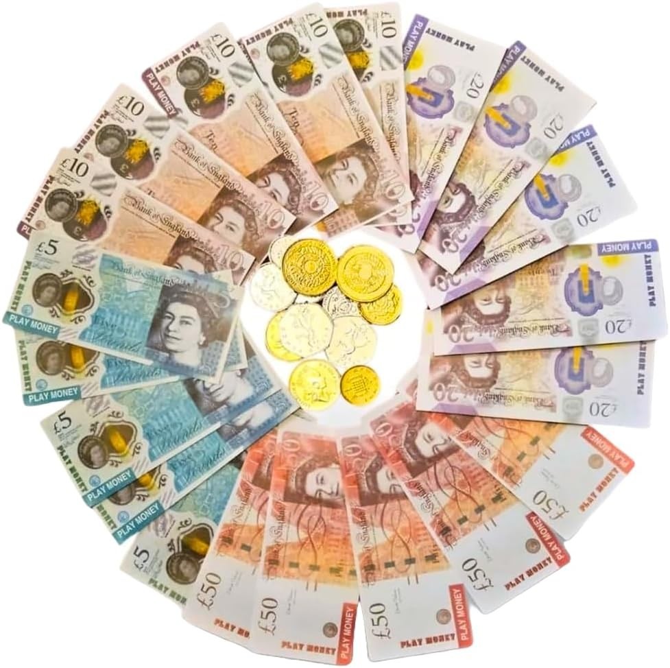 Play Money Notes and Coins For Kids - UK Pounds Realistic Pretend Money Coins Fo