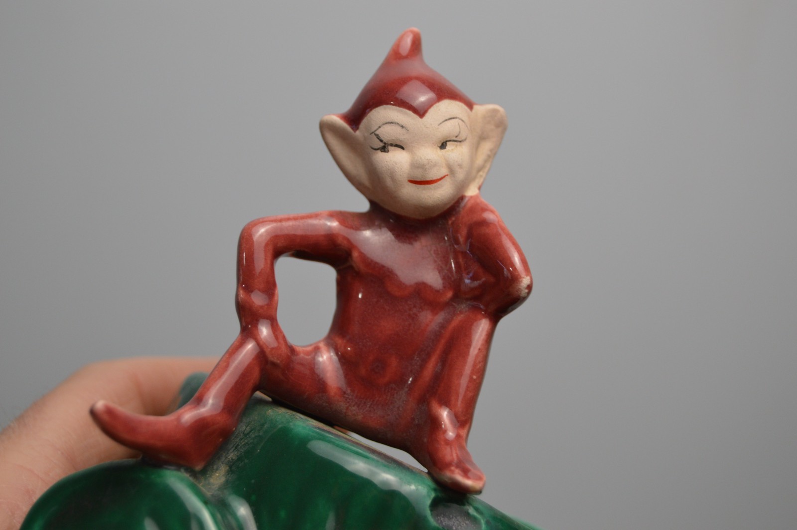 Vintage Pixie Elf Sitting on a Stump Planter MCM Pottery Ceramic Fairy Garden
