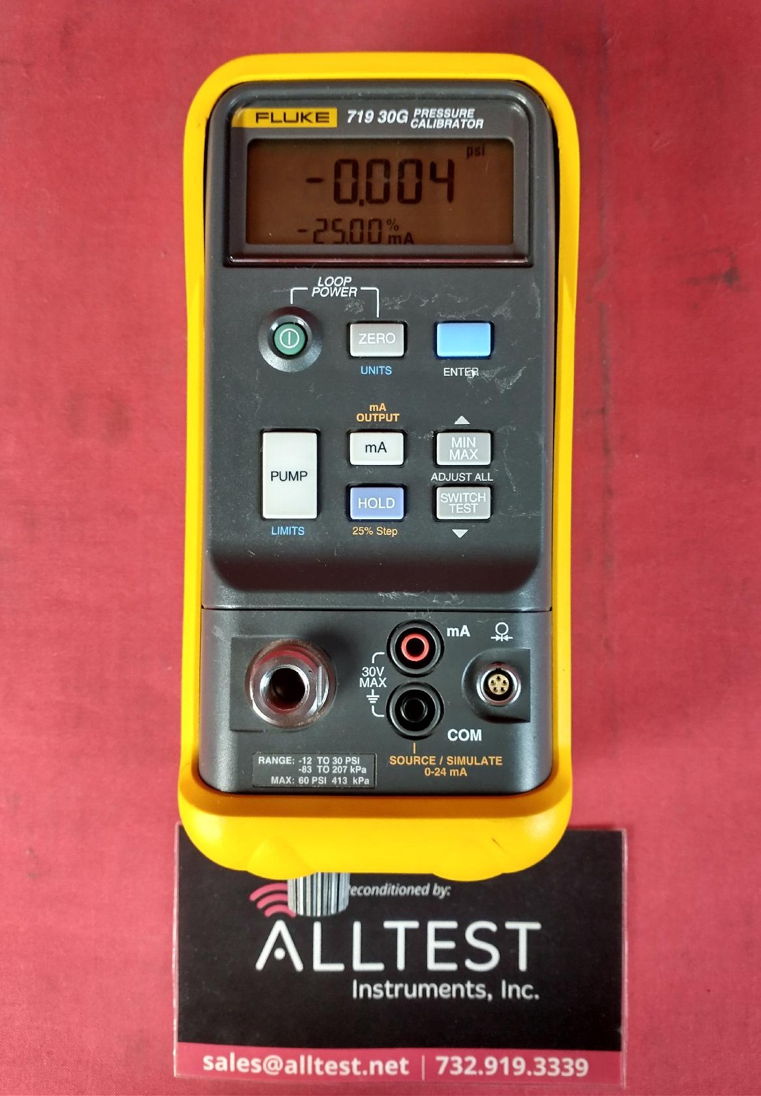 Fluke 719 30G Electric Pressure Calibrator, -12 to 36 psi, .025% Accuracy