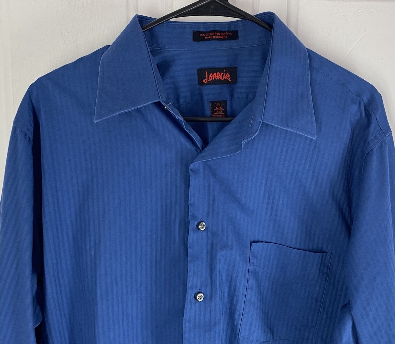 J. Garcia Dress Shirt (Size Large 16 1/2 32/33) Blue Stripe Button-Up, Vtg. 1998