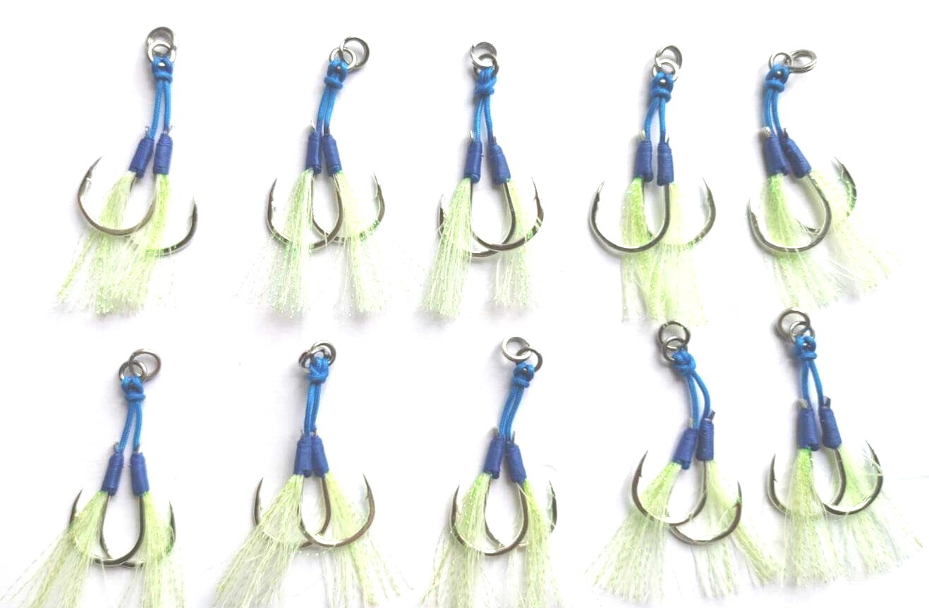 Heavy Duty Slow Pitch Jig Twin Assist Hooks Luminous Tinsel+ Split Ring- 2/0-7/0