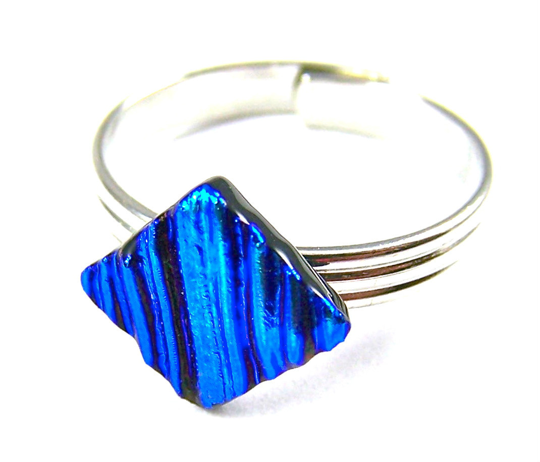 Dichroic Glass Ring Adjustable Tiny 1/4" 7mm Medium Blue Teal Ripple Texture