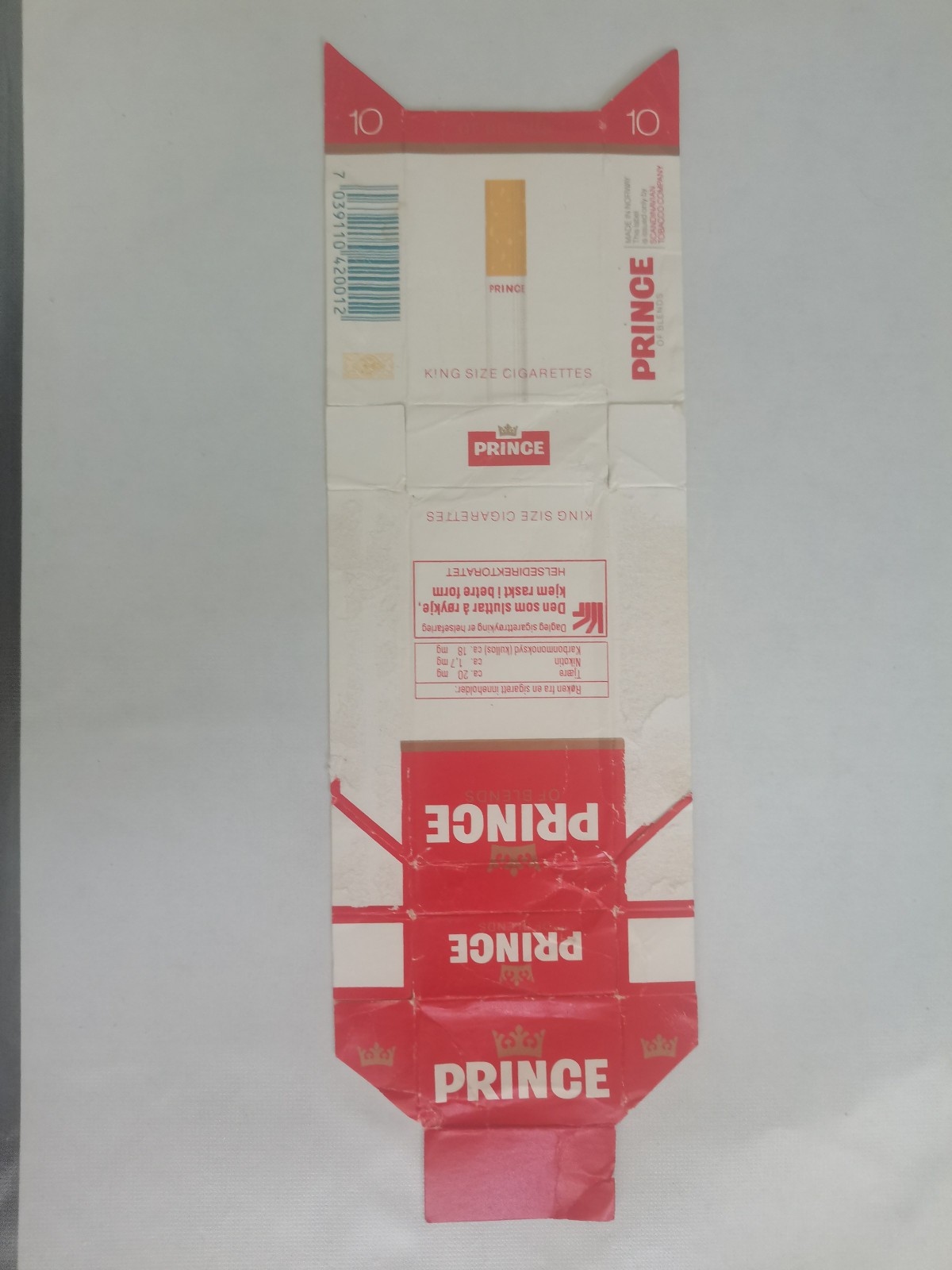 opened empty cigarette hard pack--84 mm-Norway-Prince-10 cigarettes