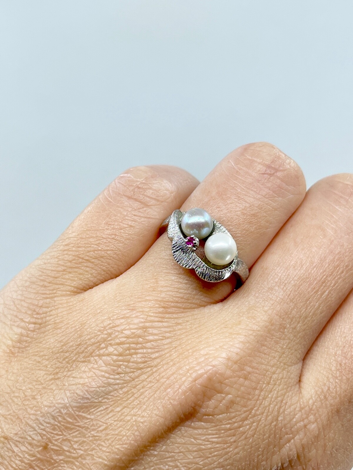 Blue White Akoya Saltwater Pearl Topaz Sterling Silver Bypass Ring Vintage 7