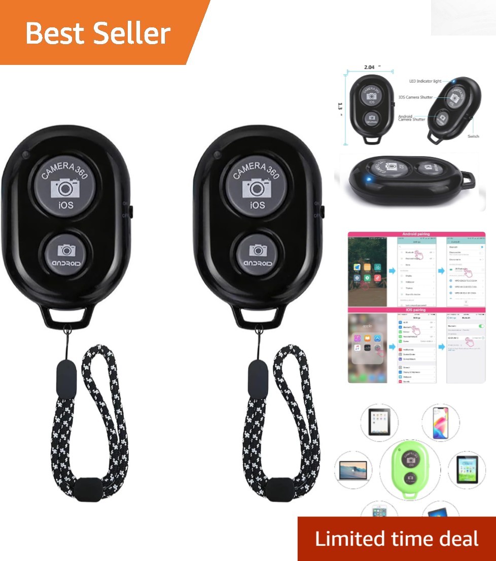Wireless Camera Shutter Remote for Smartphones - Black, 30ft Range, Rechargeable