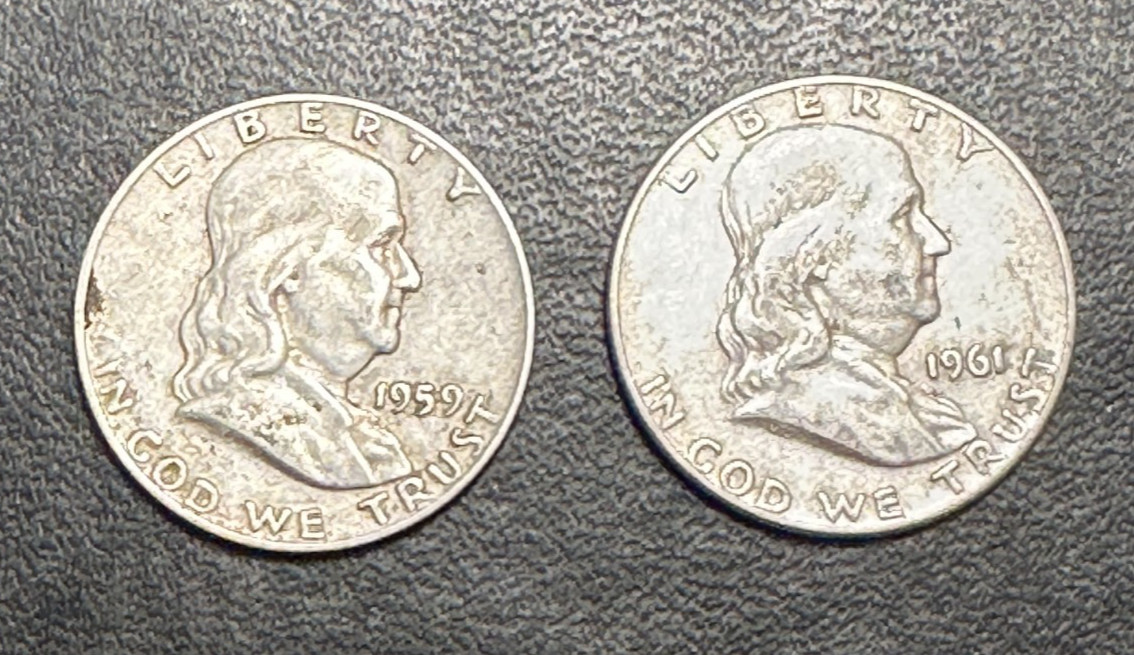 Two Ben Franklin Half Dollars - Circulated - $1.00 Constitutional 90% Silver