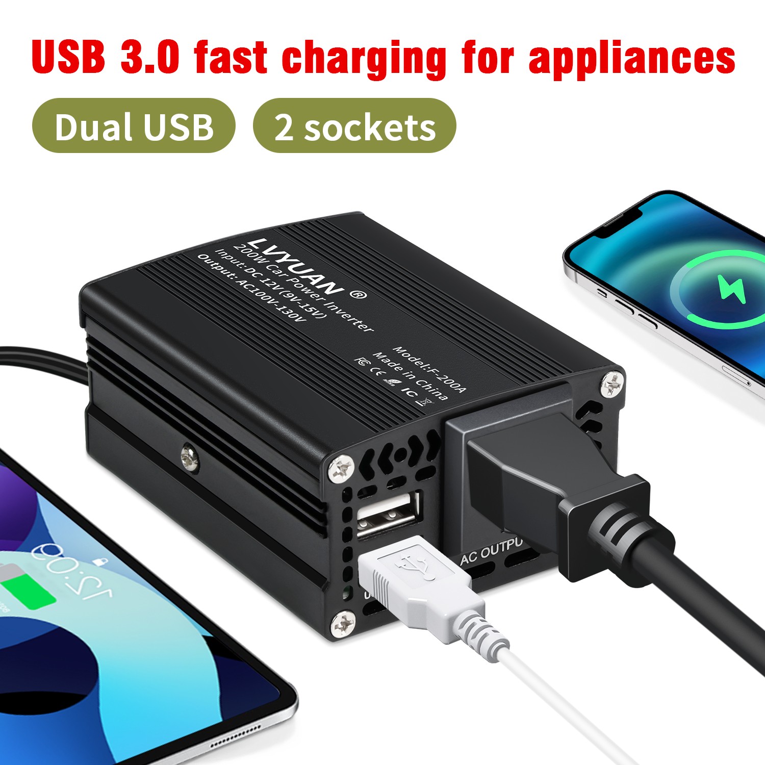 200W Power Inverter DC 12V to AC 110V Car Converter with Type C & USB for Laptop